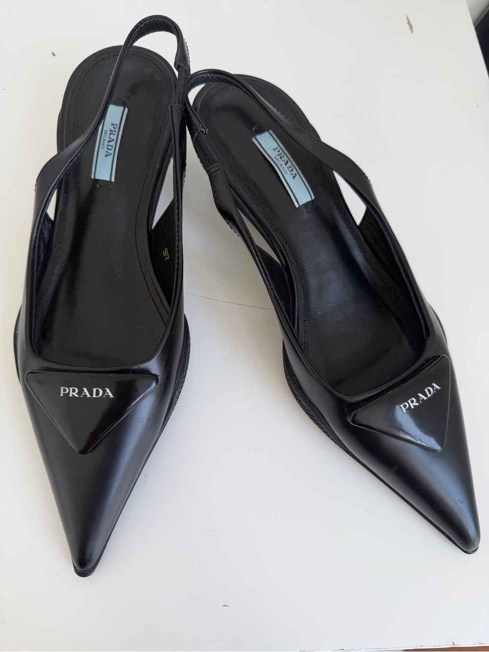 Prada Black Pointed Slingback Pumps with Logo Plaque - Picture 5 of 7